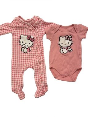 Hello Kitty Baby Girl Bundle Pink Gingham Sleeper + Onesie Set, Size 3M Graphic